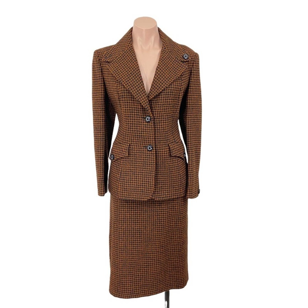 #1146 WETHERALL ENGLAND Vintage 70's 80's Brown Wool Checked Skirt Suit  M 8